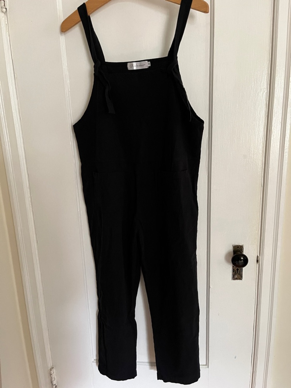 Black Cotton Linen Overalls with Adjustable Tie Straps and Patch Pockets